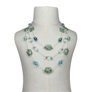 Three layer silver necklace with green clear and aqua beading and rhinestones